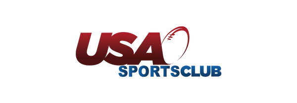 Logo of USA Sports Club with red and blue text on a white background